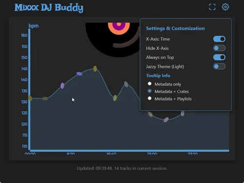 Panel de configuración de Mixxx DJ Buddy mostrando opciones de ejes, always-on-top, tema y selector de info del tooltip